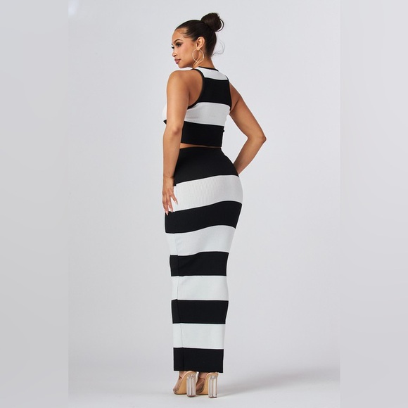 Black and Oatmeal Striped Two-Piece Halter Crop Top Midi Maxi Skirt Set - Picture 3 of 9